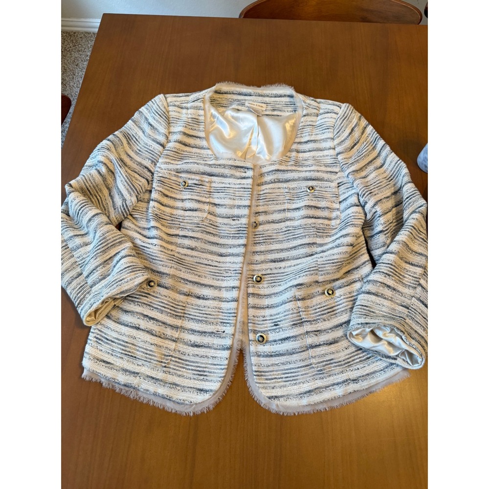 Monroe & Main Women's‎ Tweed Blazer Jacket Size 14 Ivory Gold Button Accents